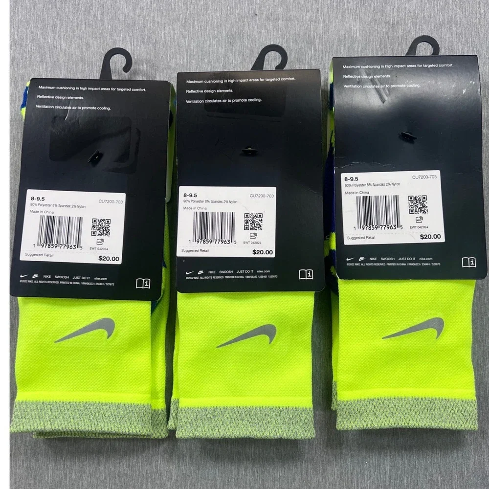 3 Nike Spark Running Crew‎ Socks Volt Yellow Dri-FIT Cushioned M 8-9.5 W 9.5-11